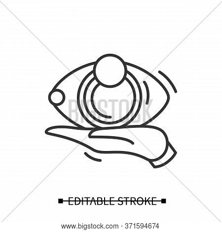 Idea Review Icon. Eye On Palm Linear Pictogram. Concept Of Creative Project Showing And Product Solu