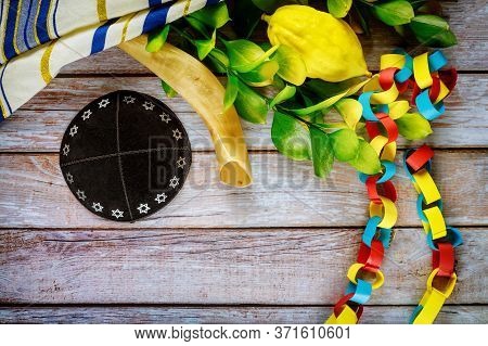 Jewish Ritual Festival Of Sukkot In The Jewish Religious Symbol Etrog, Lulav, Hadas Arava Kippah And