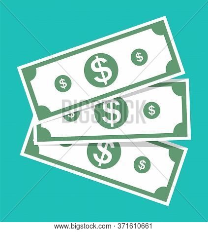 Money Dollar Cash. Icon Of Bill And Currency. Green Banknote With Sign 100. Symbol Of Bank, Finance.