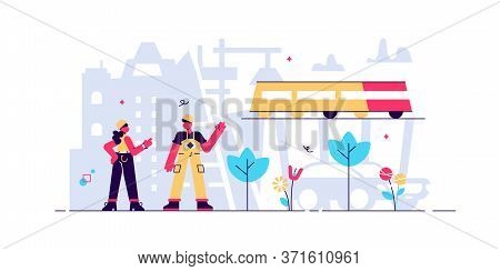 Civil Engineering Vector Illustration. Tiny Construction Job Persons Concept. Building Design And Ma