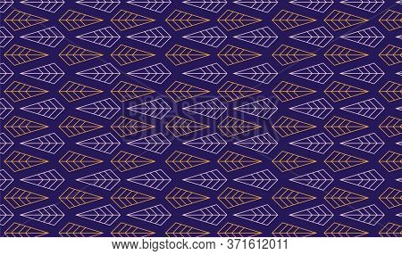 Geometric Leaves Outline Style Seamless Pattern In Navy Blue, Gold And Pink. Vector Repeated Pattern