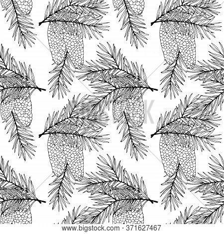 Seamless Patternin Monochrome Colors, With Branches Of Fir And Cones, Ornament For Wallpaper And Fab