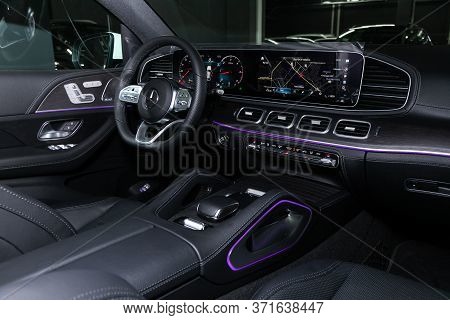Novosibirsk/ Russia - April 28, 2020: Mercedes-benz Gle-class, Prestige Car Interior With Dashboard,