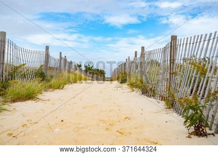 Sand Fences Line Path Leading Over Beach Through Marram Grass To Waterfront Cape Cod New England Usa