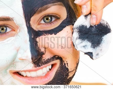 Girl Remove Black White Mud Mask From Face