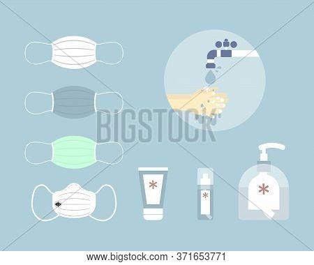 Collection Set Of Protective Face Mask, Alcohol Gel And Washing Hand Sign, Plague, Pestilence, Sprea