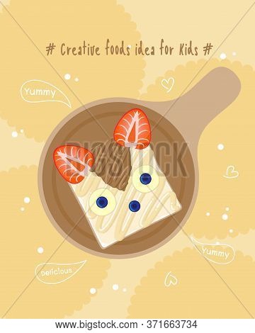 Creative Idea For Kid, Slice Of Bread With Milk And Fruitม Strawberry, Banana, Blueberry,  Cute Food