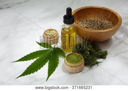 Flat Lay Composition From Hemp, Cannabis Products. Cosmetic And Drink. Top View