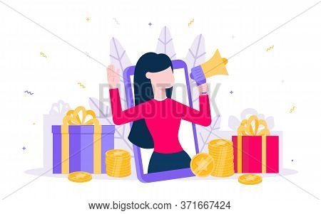 Online Reward Flat Style Design Vector Illustration Isolated On White Background. Woman With Megapho