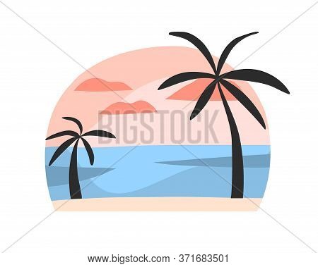 Hand Drawn Vector Abstract Stock Flat Graphic Illustration With Sundown Beach Scene And Palm Trees I