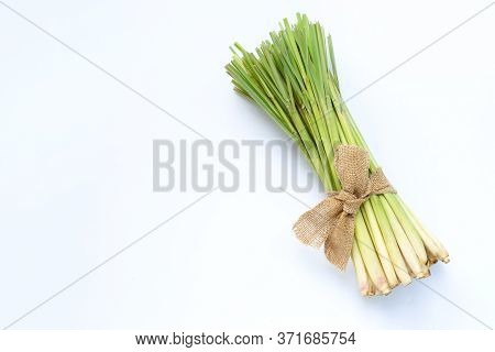 Fresh Lemongrass On White Background. Copy Space