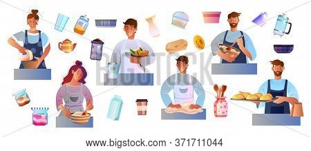Culinary Set With People Cooking, Baking, Kneading The Dough. Female And Male Characters Preparing F