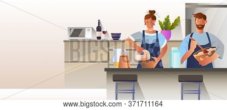 Vector Stock Illustration With Young Loving Couple Preparing Cake In The Kitchen At Home. Culinary C