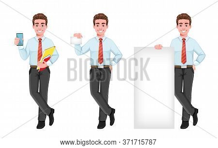 Successful Business Man, Set Of Three Poses. Handsome Businessman In Business Clothes. Cheerful Cart