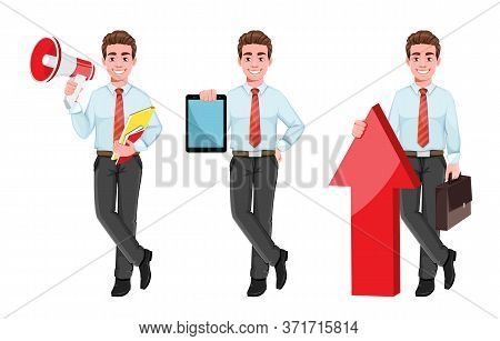 Successful Business Man, Set Of Three Poses. Handsome Businessman In Business Clothes With Loudspeak