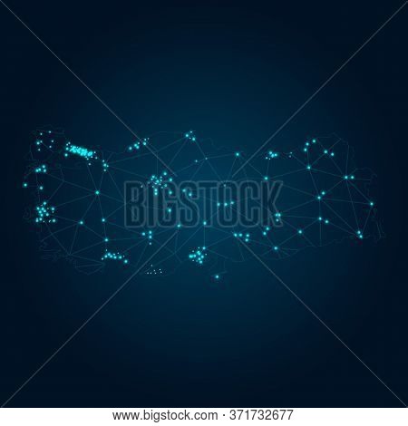 Abstract Mash Line And Point Scales On Dark Background With Map Turkey. Wire Frame 3d Mesh Polygonal