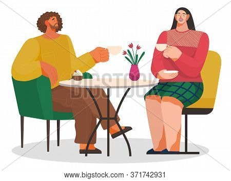 Smiling Man And Woman Sitting On Chair At Table Drinking Cup Of Coffee Or Tea And Eating Dessert. Me
