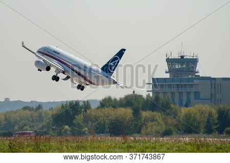 August 30, 2019. Zhukovsky, Russia. Russian Short-range Narrow-body Passenger Aircraft  Sukhoi Super