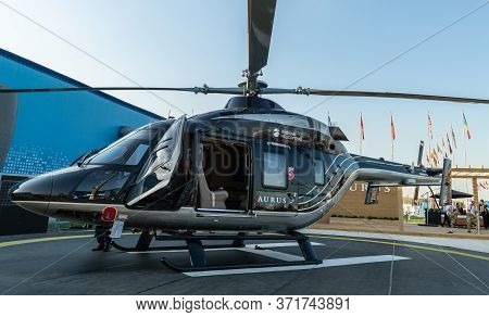 August 30, 2019 Zhukovsky, Russia. The Ansat Helicopter In The Aurus Design At The Maks-2019 Interna