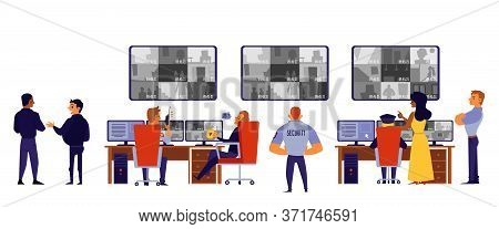 Security Room Staff - Flat Isolated Cartoon Set On White Background.