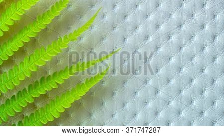 Green fern leaves on a light artificial leather background, copy space for text