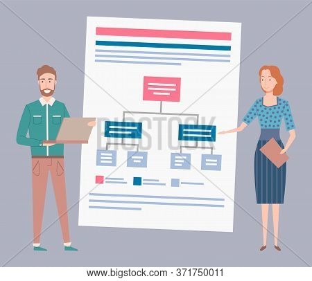 Scheme Or Graphic, Office Workers, Man And Woman Vector. Laptop And Notepad, Business Presentation O