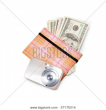 Wallet With Money Bills And Compact Photo Camera Isolated On White