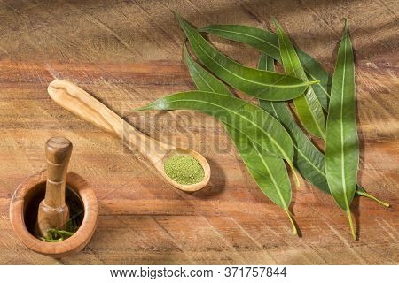 Fresh Eucalyptus Leaves On Wooden Background - Eucalyptus Globulus