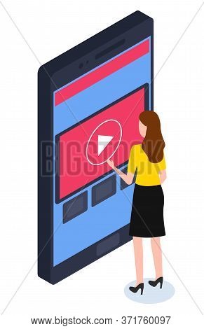 Smart House, Smartphone Directed By Woman Character Vector. Tv Remote Control From Mobile Device, Ho