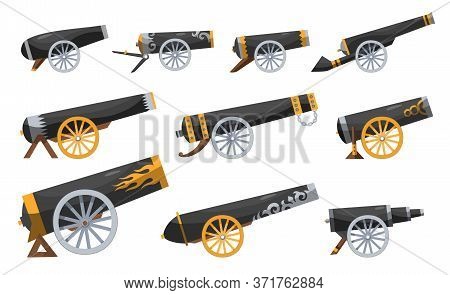 Antique Pirate Cannons. Set Vintage Gun. Color Image Of Medieval Cannon For Old Ships On A White Bac