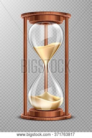 Wooden Hourglass With Falling Sand Isolated On Transparent Background. Ancient Clock, Symbol Of Pati