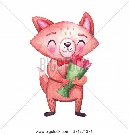 Cute Watercolor Fox With A Bouquet Of Flowers For Holidays