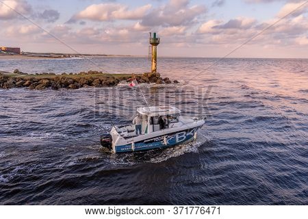 Hossegor, France. 17.05.2020. Sea Boat In The Morning Going To Fishing. High Quality Photo