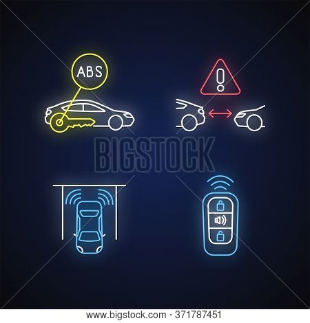 Smart Driving Safety Systems Neon Light Icons Set. Signs With Outer Glowing Effect. Anti Lock System