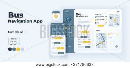 Bus Navigation App Screen Vector Adaptive Design Template. Passenger Transport Schedules And Routes 