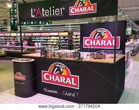 Bordeaux, Gironde France - December 06 2018 - Marketing Butcher Stand For Industrial Meal Charal In 