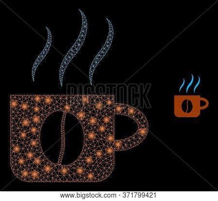 Glowing Web Mesh Hot Coffee Cup With Glowing Spots. Illuminated Vector 2d Constellation Created From