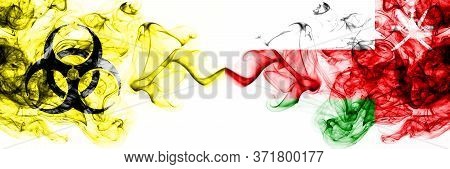 Oman, Omani Quarantine. Coronavirus Covid-19 Lockdown. Smoky Mystic Flag Of Oman, Omani With Biohaza