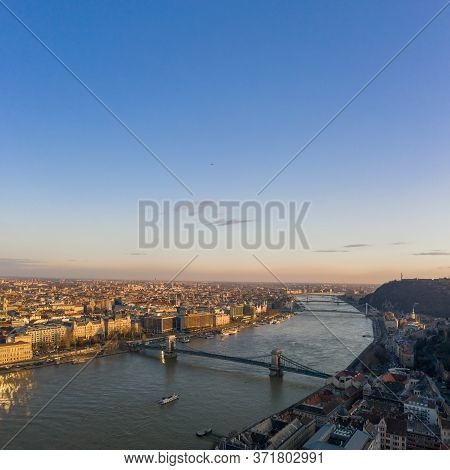 Aerial Drone View Of Danube River With Bridges In Budapest Durin