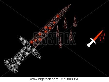 Glare Web Mesh Blood Sword With Glowing Spots. Illuminated Vector 2d Constellation Created From Bloo
