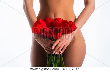 Gynecology Concept. Young Woman Flower On White Background. Gynecology And Underwear, Women Health. 