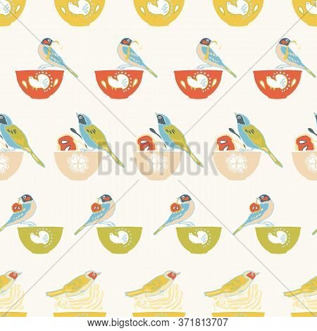 Vector Geometric Vintage Kitchen Bowl Pattern, Cute Birds And Bowl, Trendy Design On Dusty Pink Back