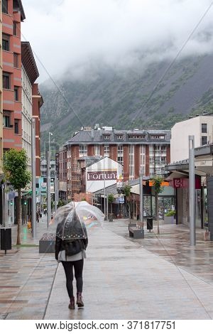 Escaldes - Engordany, Andorra : 16 June 2020: Cloudy And Rainy Day In The Capital Of Andorra. People