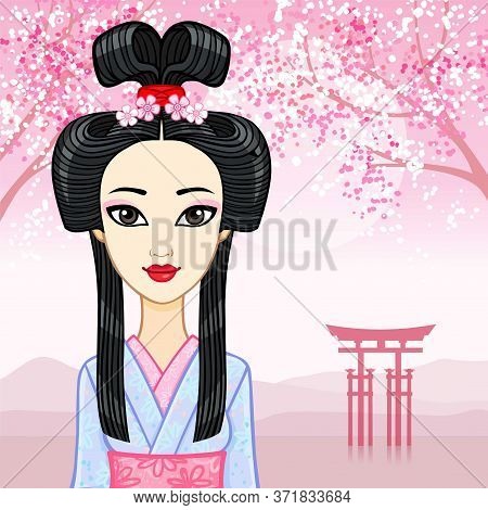 Animation Portrait Of The Young Japanese Girl An Ancient Hairstyle. Geisha, Maiko, Princess. Backgro