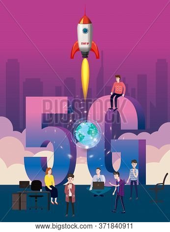 5g Internet New Mobile Wireless Technology Wifi Connection. Start Rocket Tine People City Letters 5g