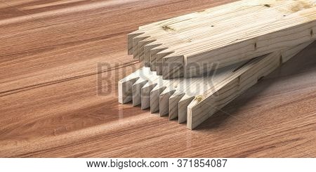 Finger Joint Wood Connection Concept. Woodworking Of Zigzag End On Brown Wood Background. Floorboard