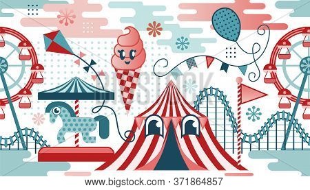 Amusement Park Seamless Pattern With Funny Characters