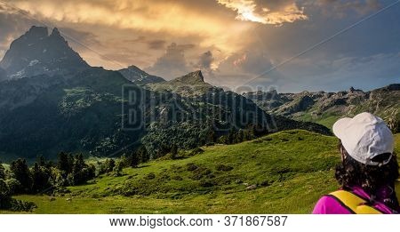 Hiking Woman Looking Pic Du Midi Ossau In The French Pyrenees Mountains