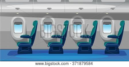 Empty Airplane Salon With Comfortable Seats Vector Illustration. Airplane Interior Design Flat Style