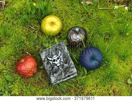 Evil Diary Book And Magic Poisonous Apples On The Grass In The Garden. Esoteric, Gothic And Occult B